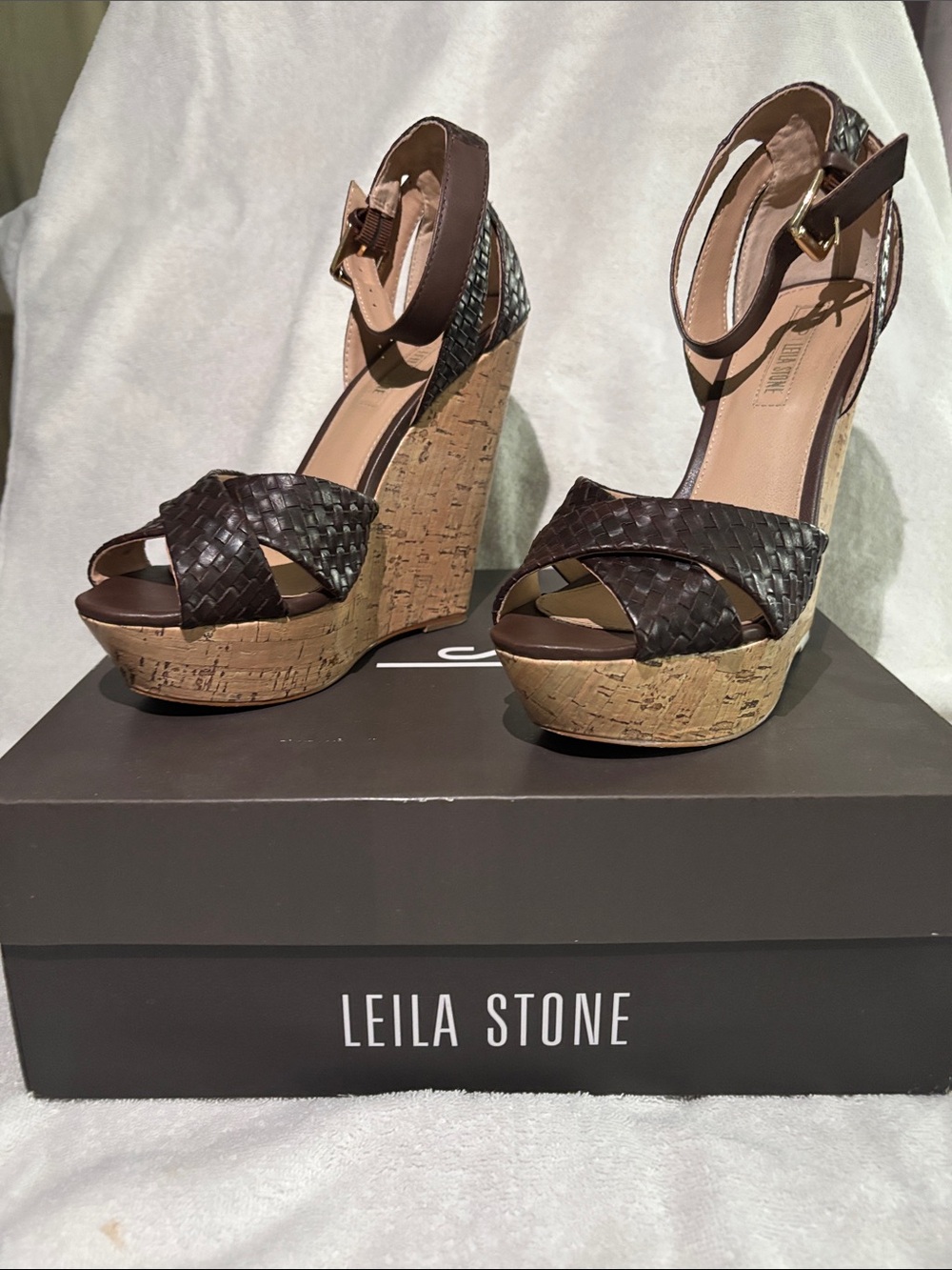 Leila Stone Dark Brown Woven Cork Platform Wedges